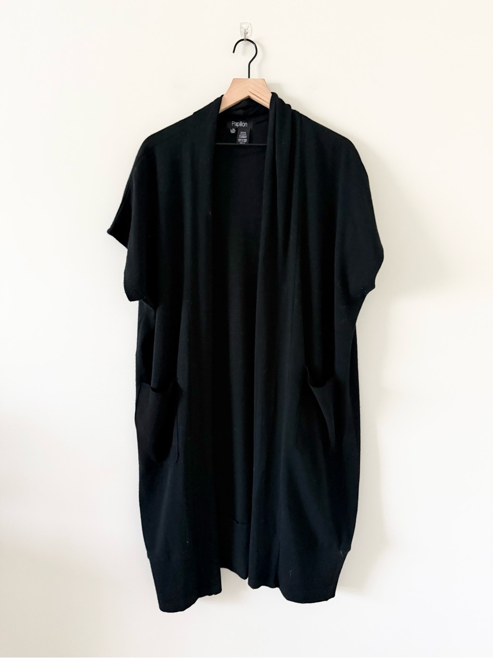 Papillon Cap Sleeve Open Front Pocket Duster Cardigan in Black Size L/XL